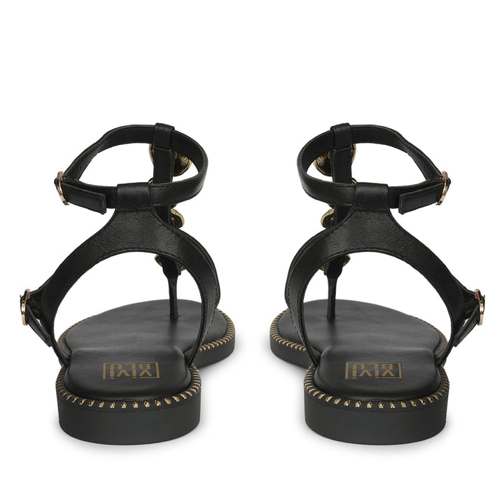 Gloria Black Leather Flat Sandals