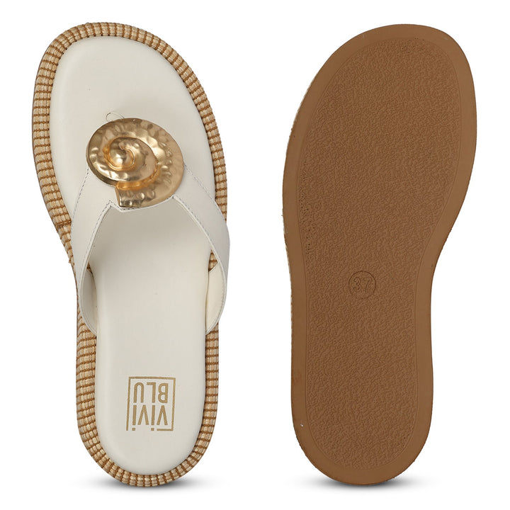 Elle Off White Leather Flat Sandals