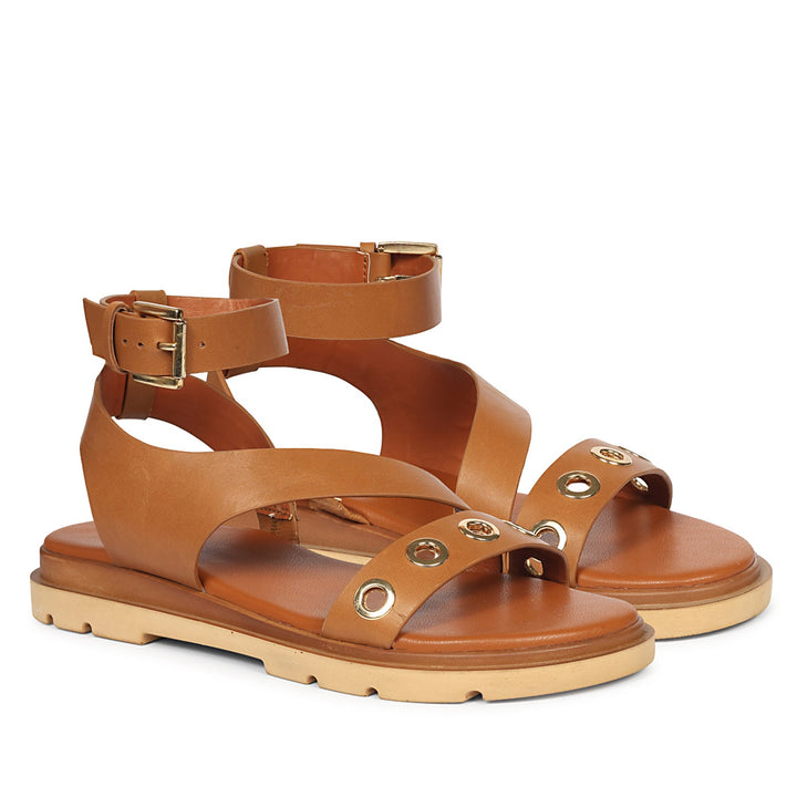 Brinley Tan Leather Flat Sandals