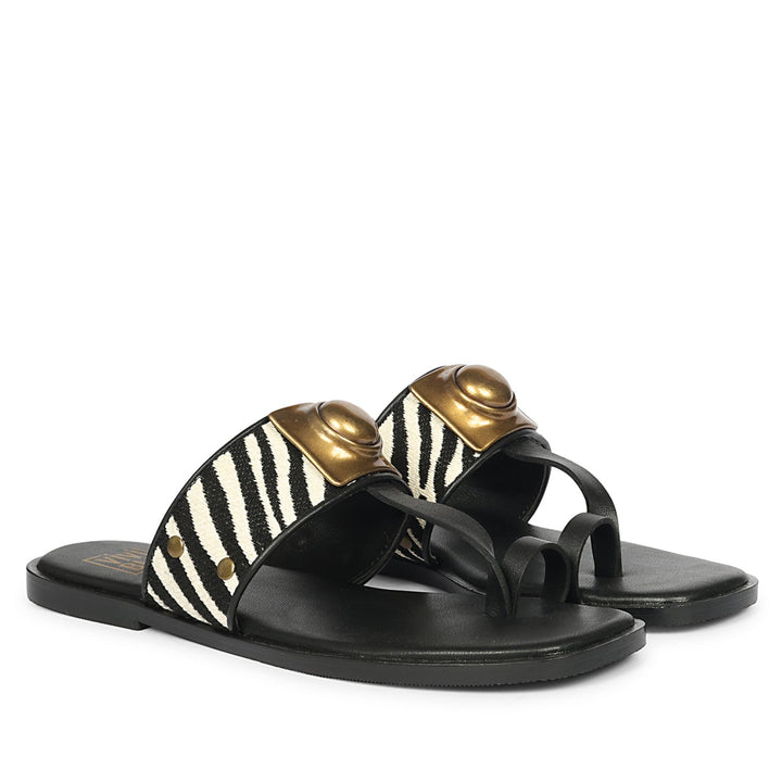 Lilian Black & White Leather Flat Sandals