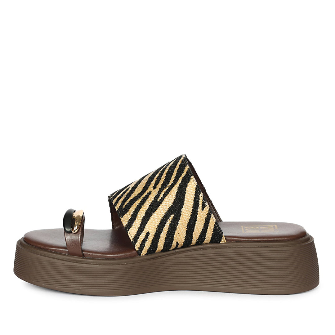 Madelyn Black Beige Zebra Leather Platform Sandals