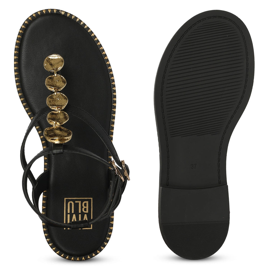 Gloria Black Leather Flat Sandals