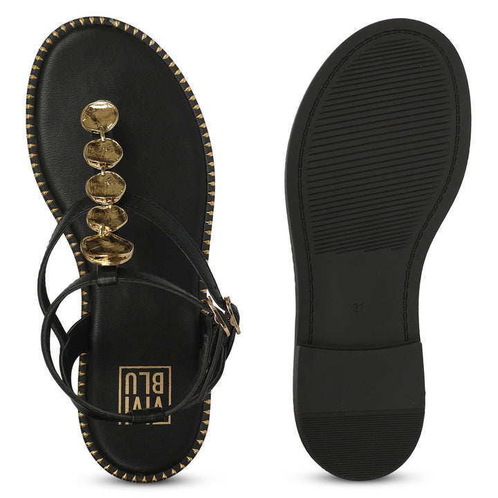 Gloria Black Leather Flat Sandals