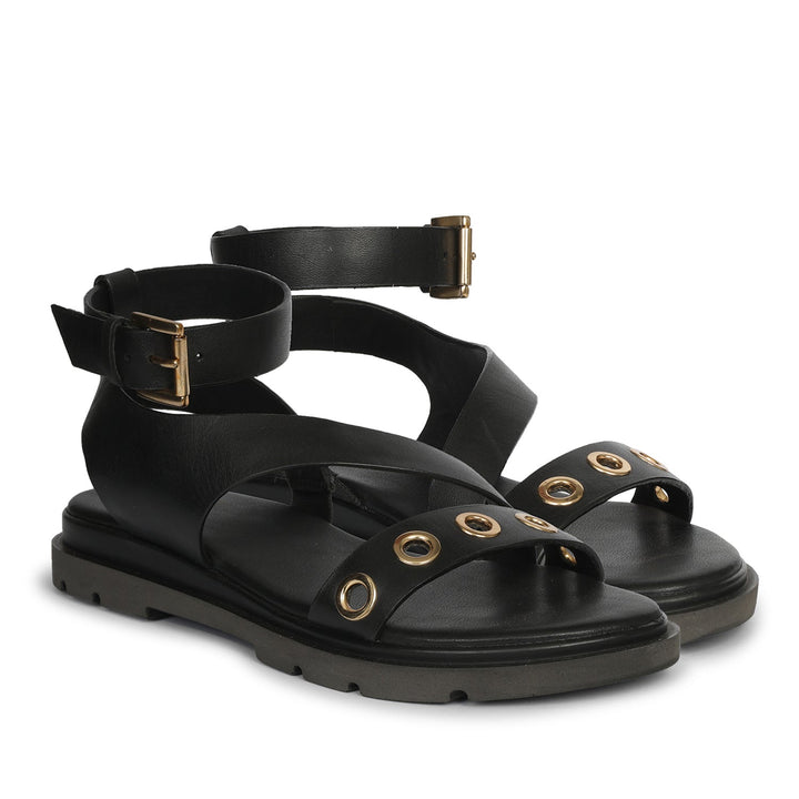 Brinley Black Leather Flat Sandals
