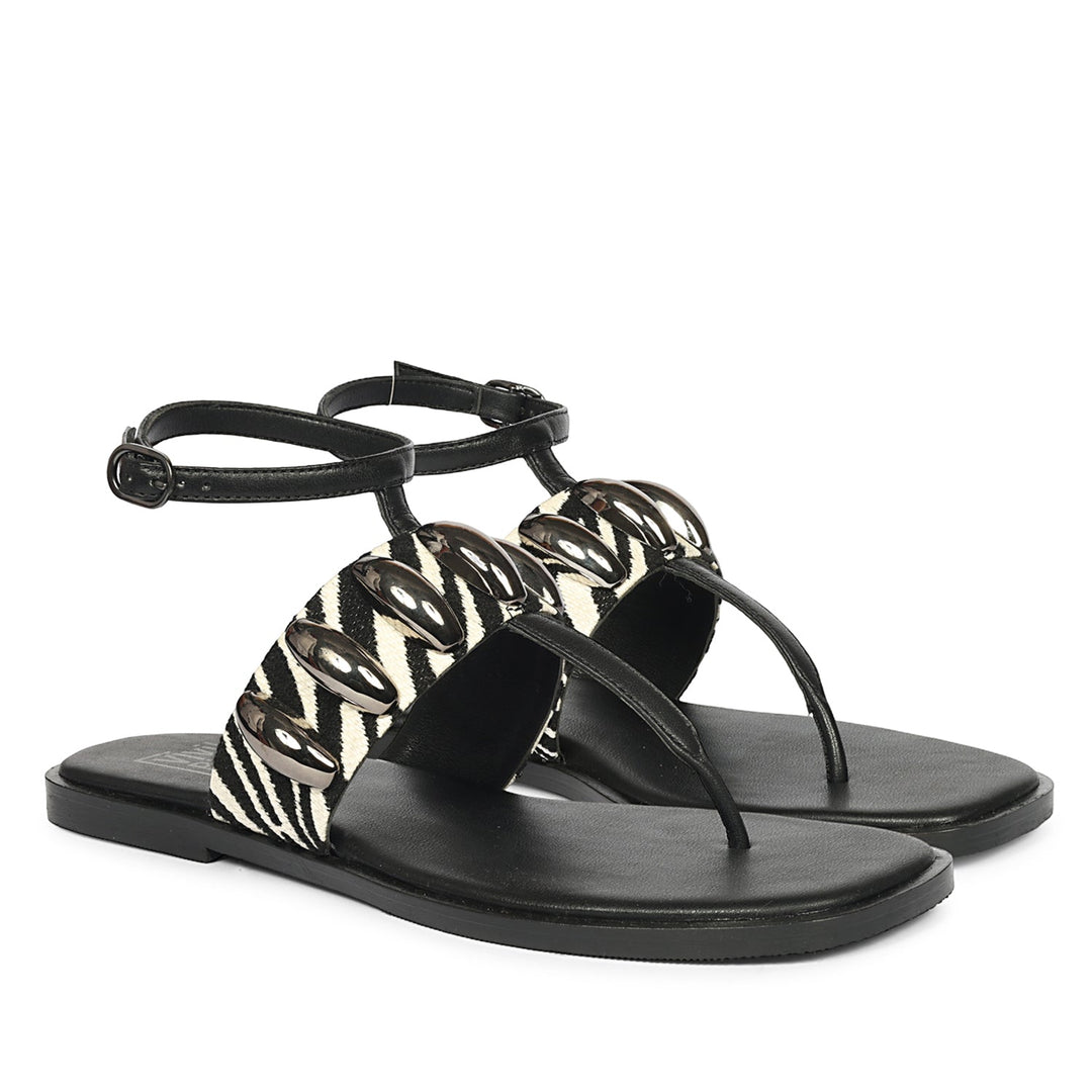 Arlette Black White Leather Flat Sandals
