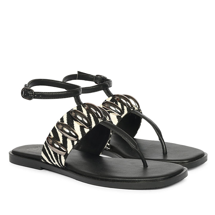 Arlette Black White Leather Flat Sandals