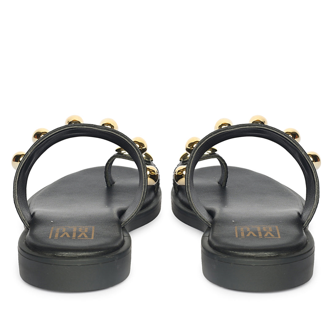 Maren Black Leather Flat Sandals