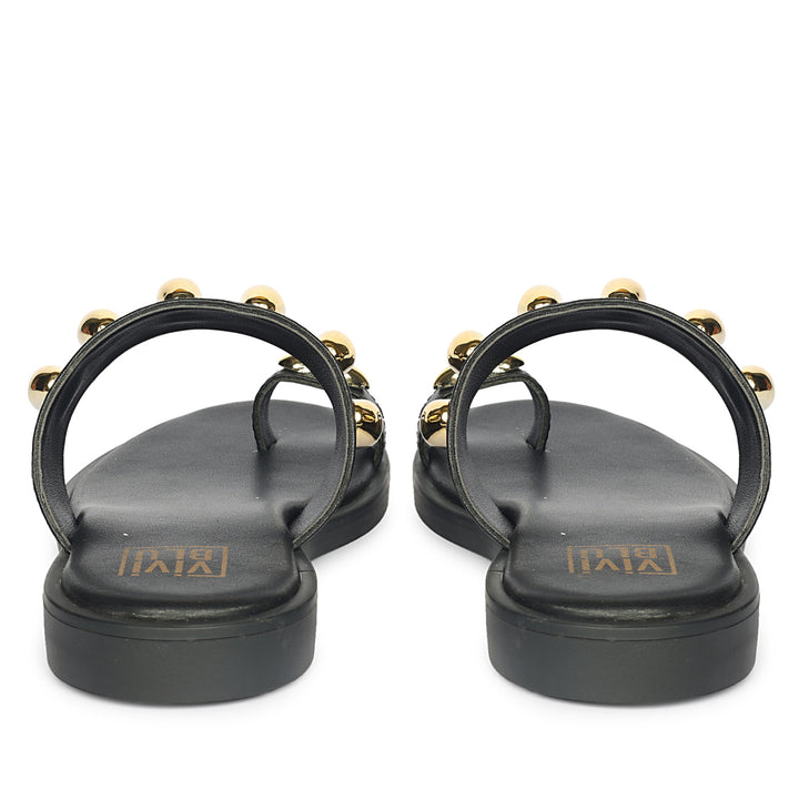 Maren Black Leather Flat Sandals