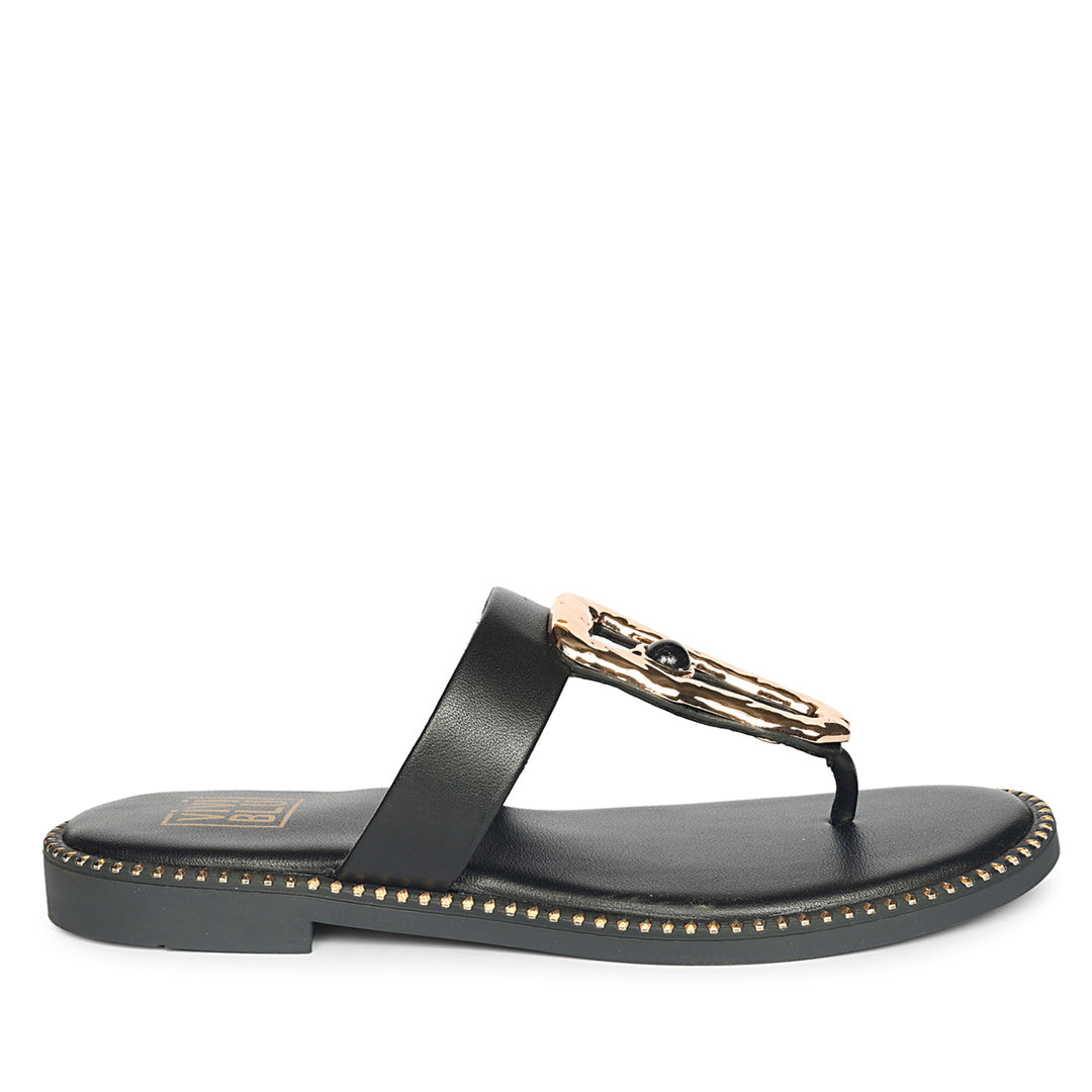 Solana Black Leather Flat Sandals