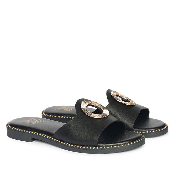 Freja Black Leather Flat Sandals