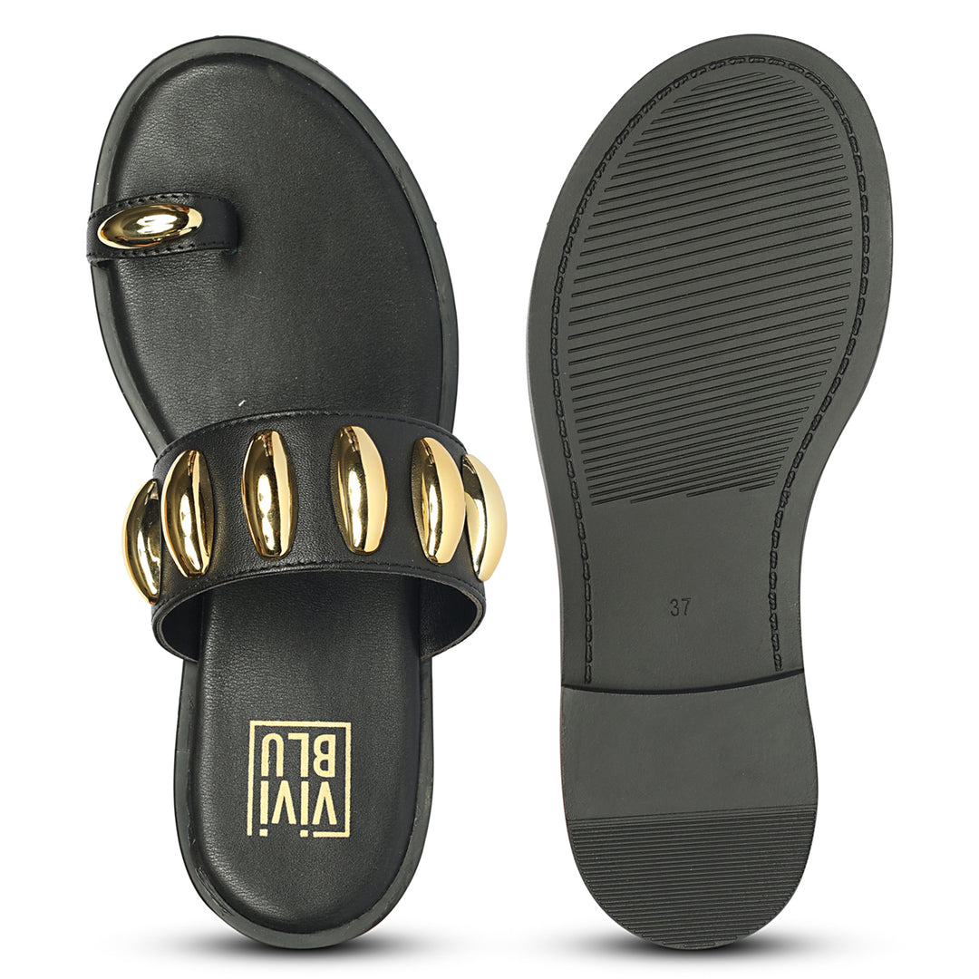 Maren Black Leather Flat Sandals