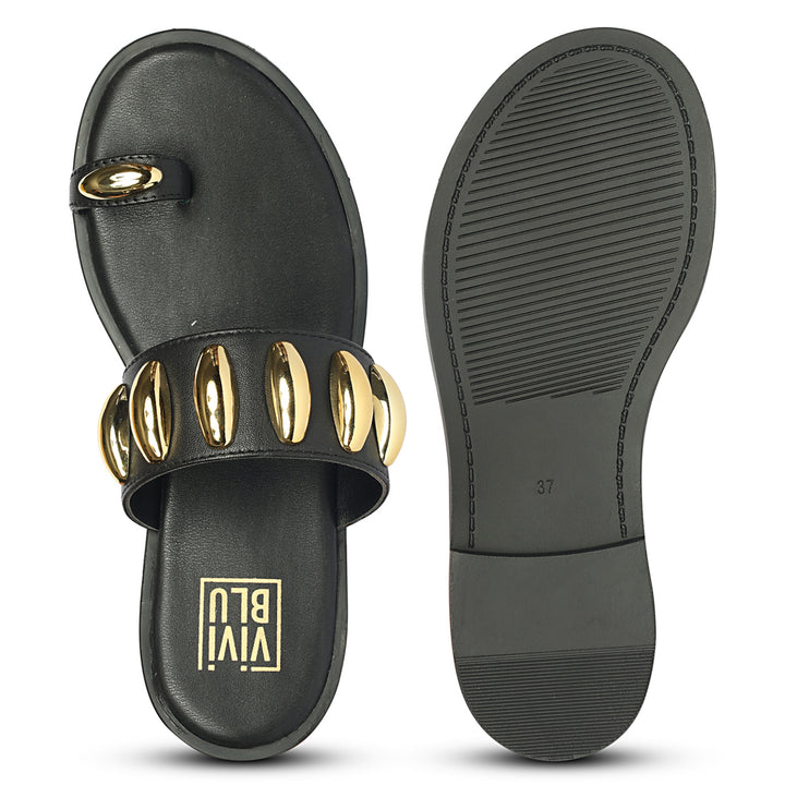 Maren Black Leather Flat Sandals