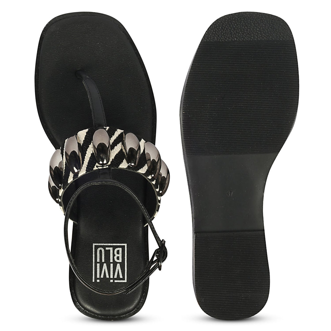 Arlette Black White Leather Flat Sandals