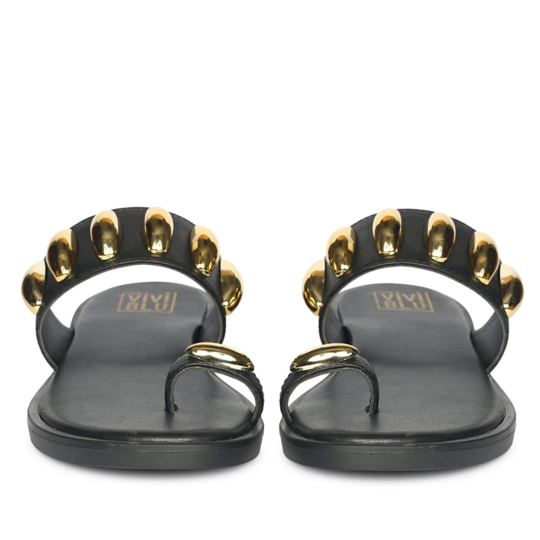 Maren Black Leather Flat Sandals