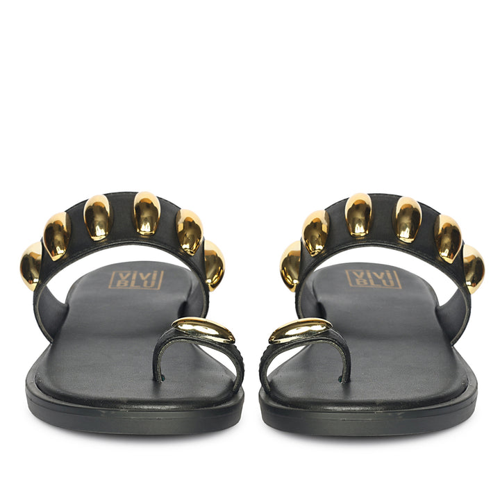 Maren Black Leather Flat Sandals
