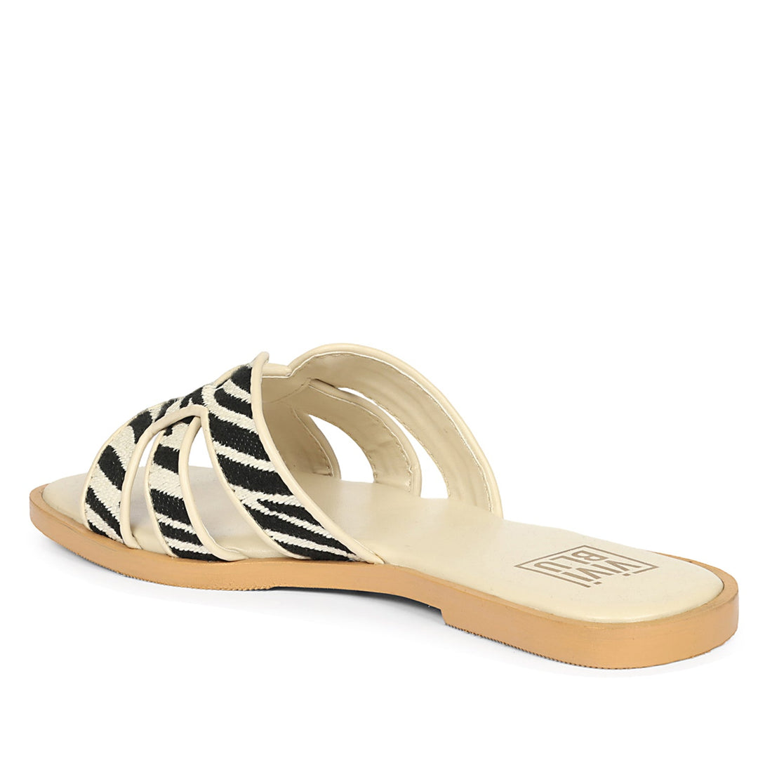 Aliana Black & Cream Leather Flat Sandals