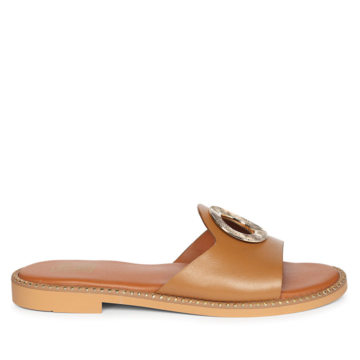 Freja Tan Leather Flat Sandals