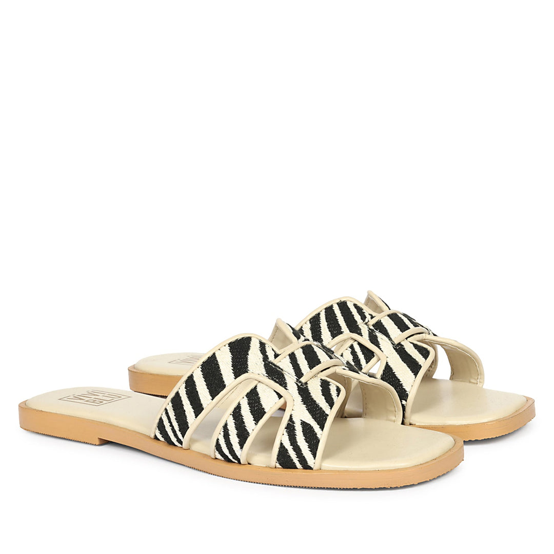 Aliana Black & Cream Leather Flat Sandals