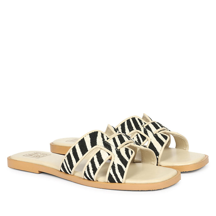 Aliana Black & Cream Leather Flat Sandals