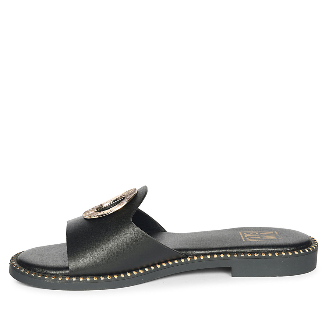 Freja Black Leather Flat Sandals