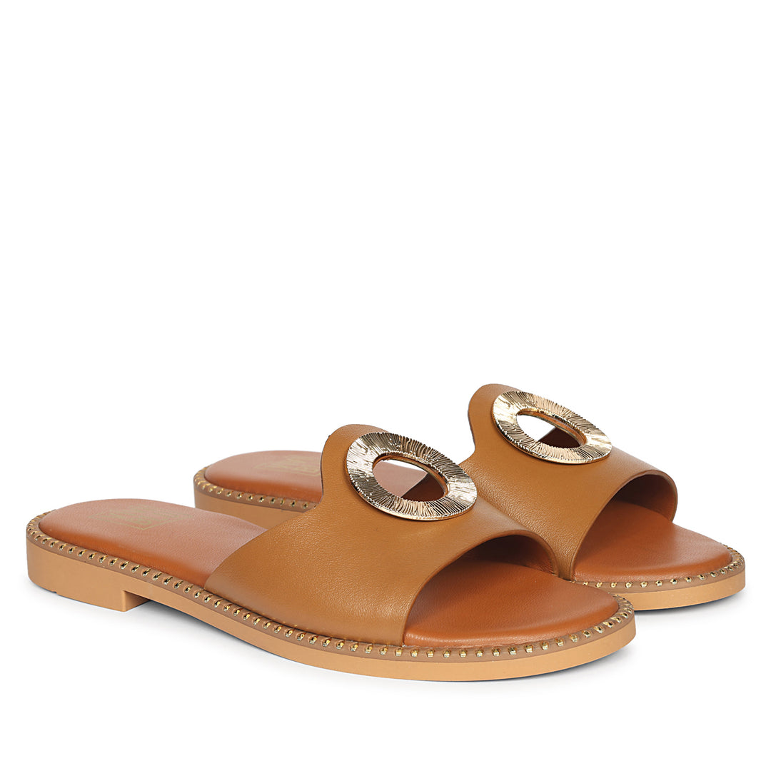 Freja Tan Leather Flat Sandals