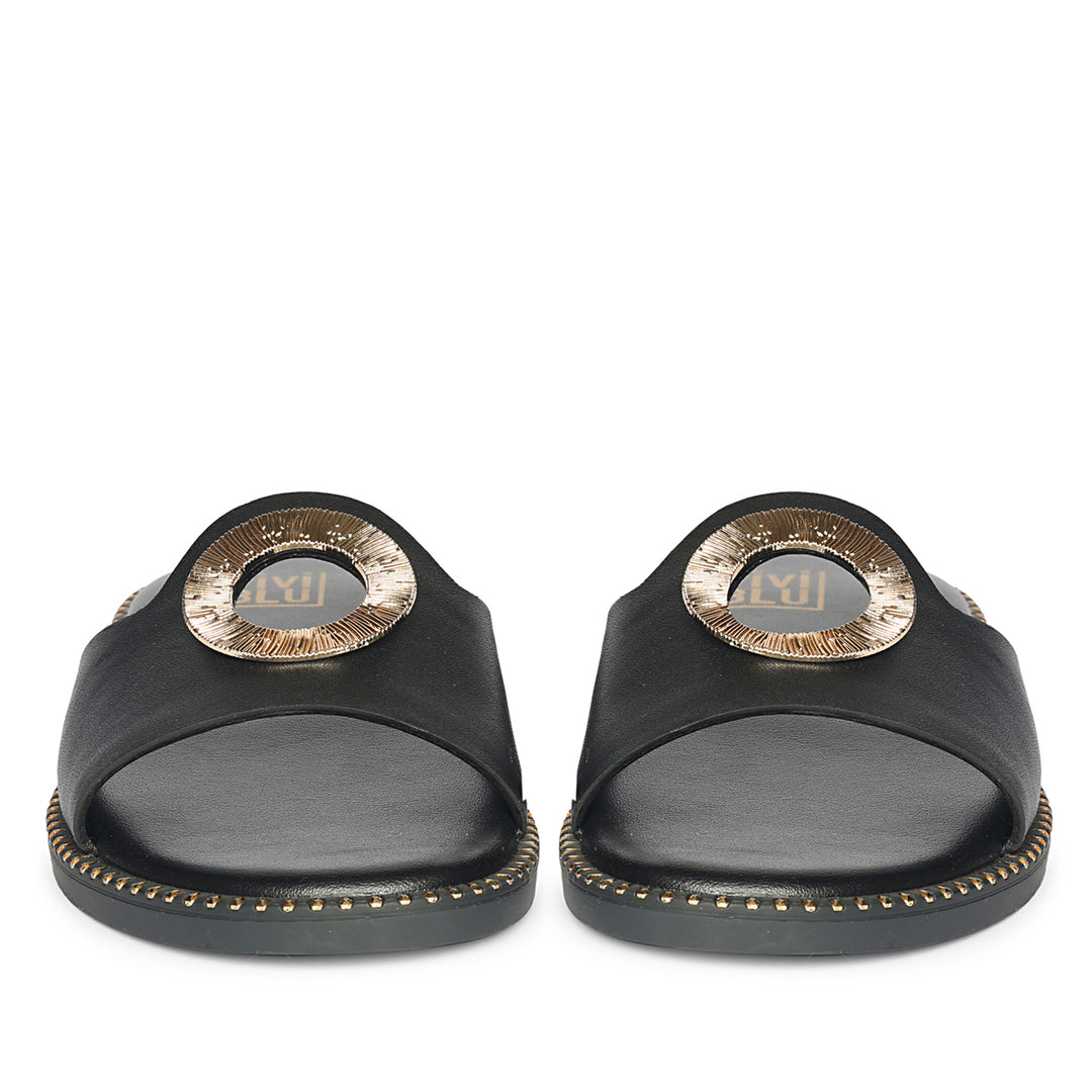 Freja Black Leather Flat Sandals