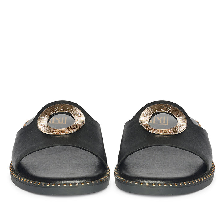 Freja Black Leather Flat Sandals