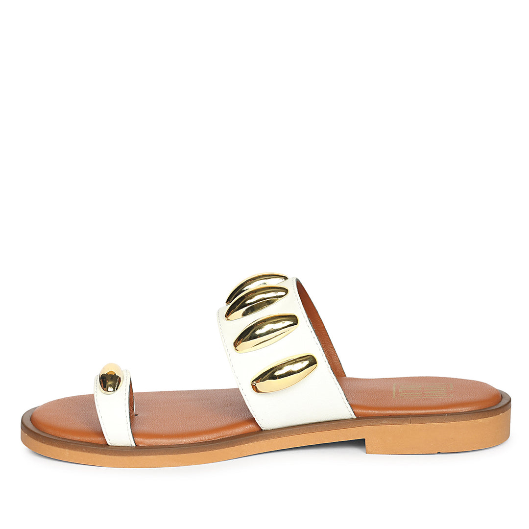 Maren White Leather Flat Sandals