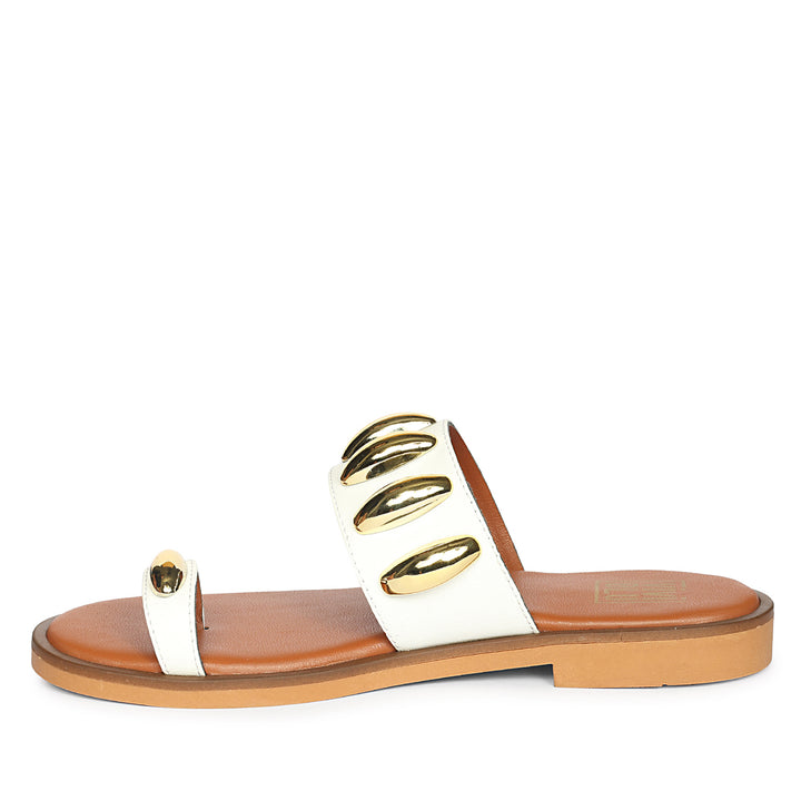 Maren White Leather Flat Sandals
