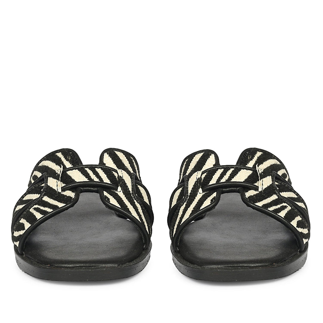 Aliana Black White Leather Flat Sandals