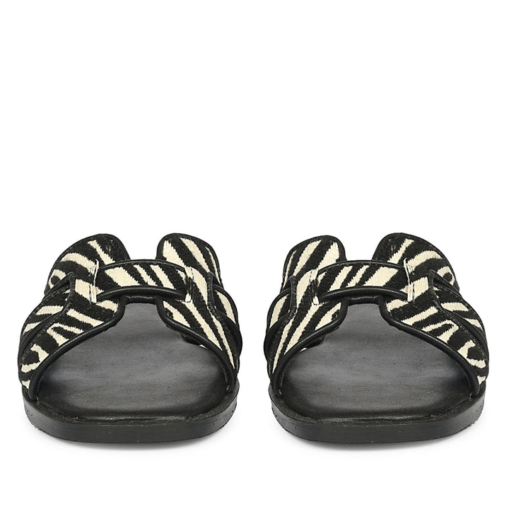 Aliana Black White Leather Flat Sandals
