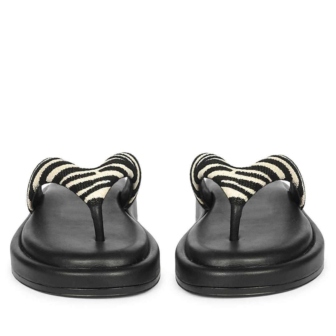 Jolene Black White Leather Flat Sandals