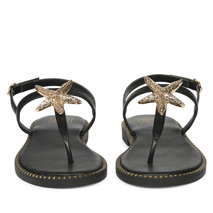 Melanie Black Leather Flat Sandals