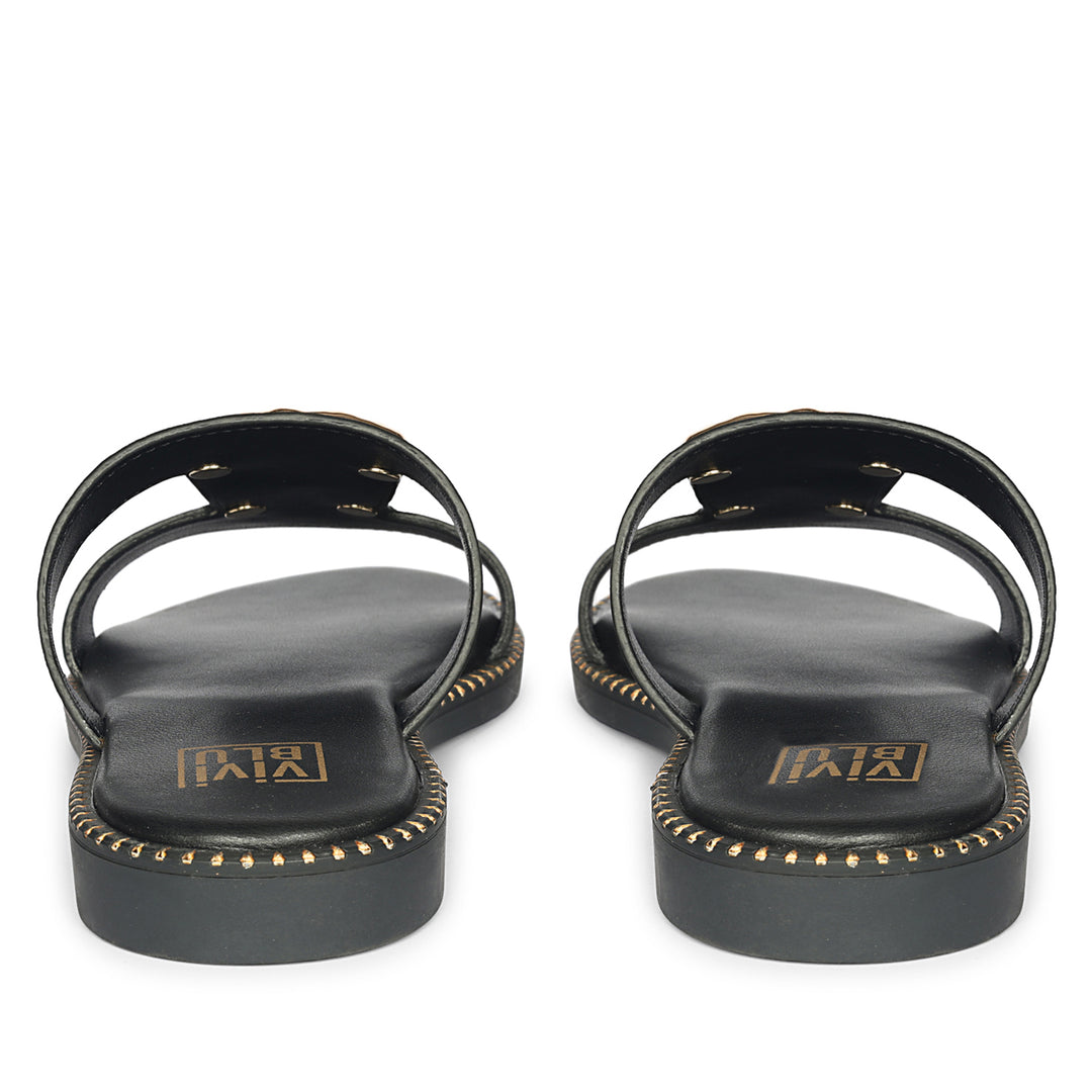 Catalina Black Leather Flat Sandals