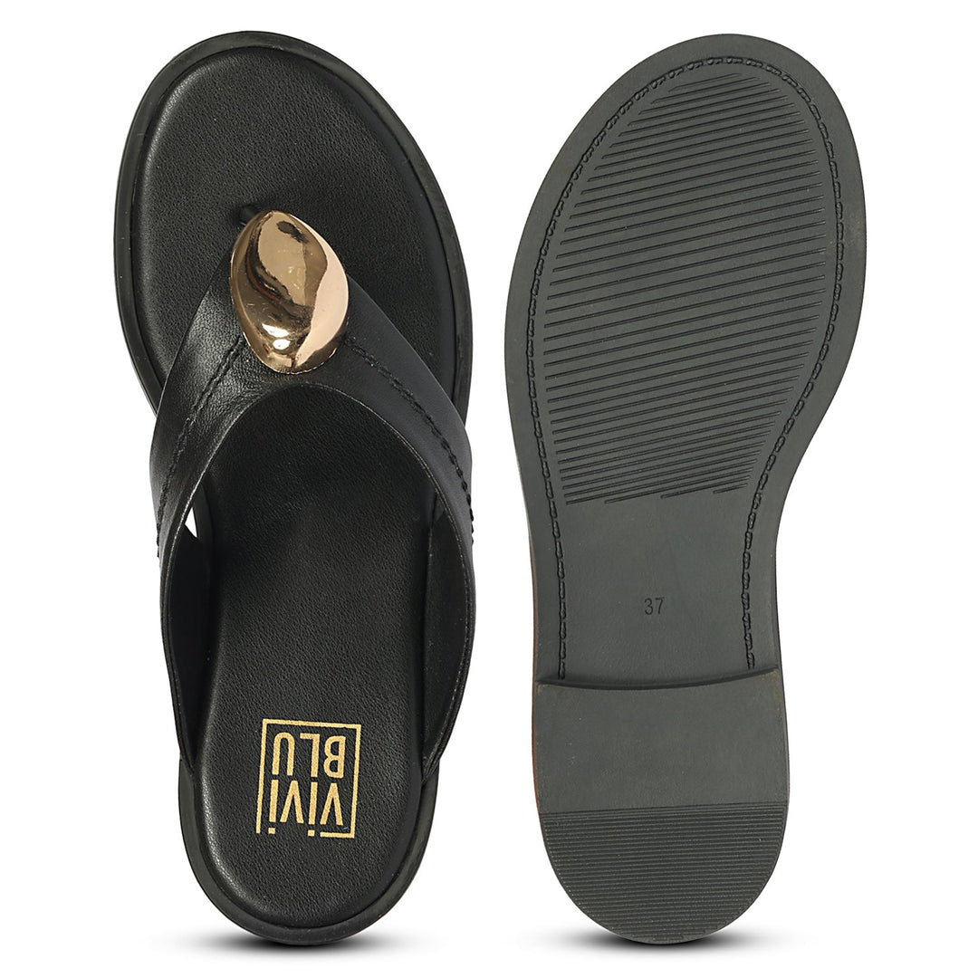 Leyla Black Leather Flat Sandals