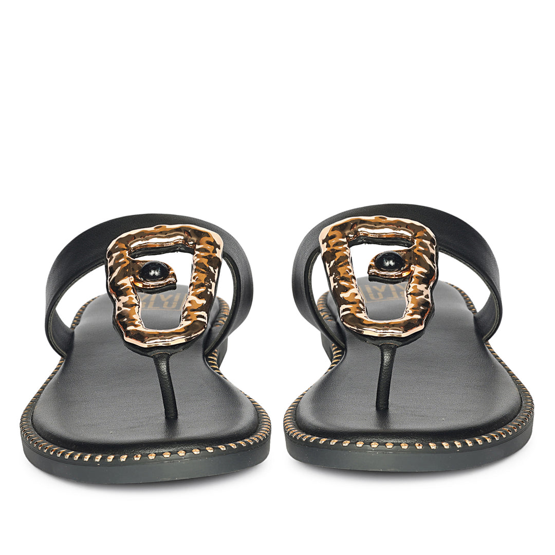 Solana Black Leather Flat Sandals