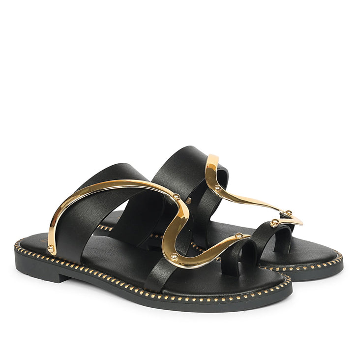 Layla Black Leather Flat Sandals