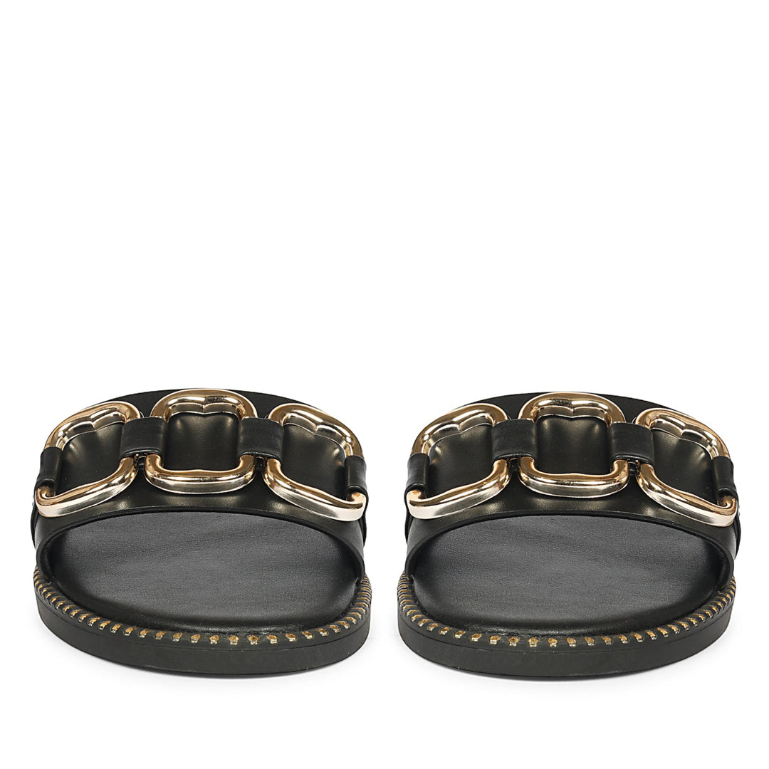 Eileen Black Leather Flat Sandals