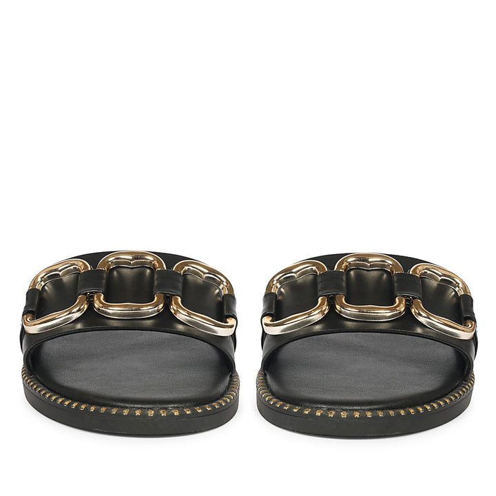 Eileen Black Leather Flat Sandals