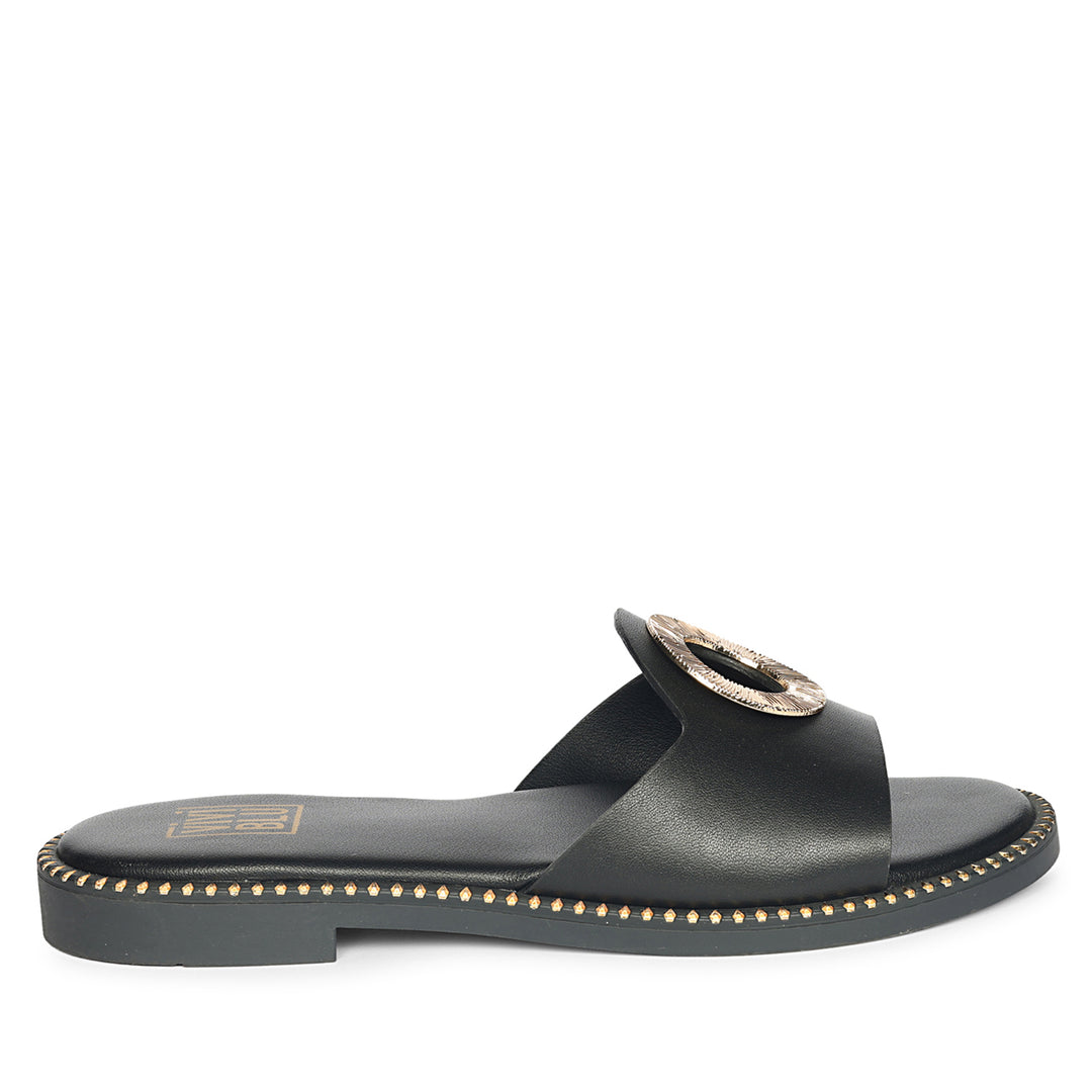 Freja Black Leather Flat Sandals