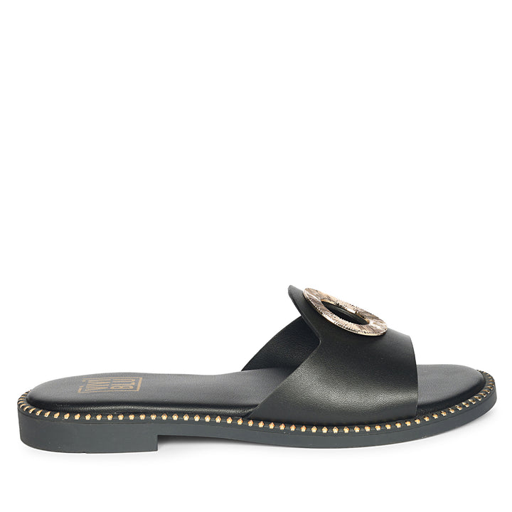 Freja Black Leather Flat Sandals