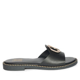 Freja Black Leather Flat Sandals