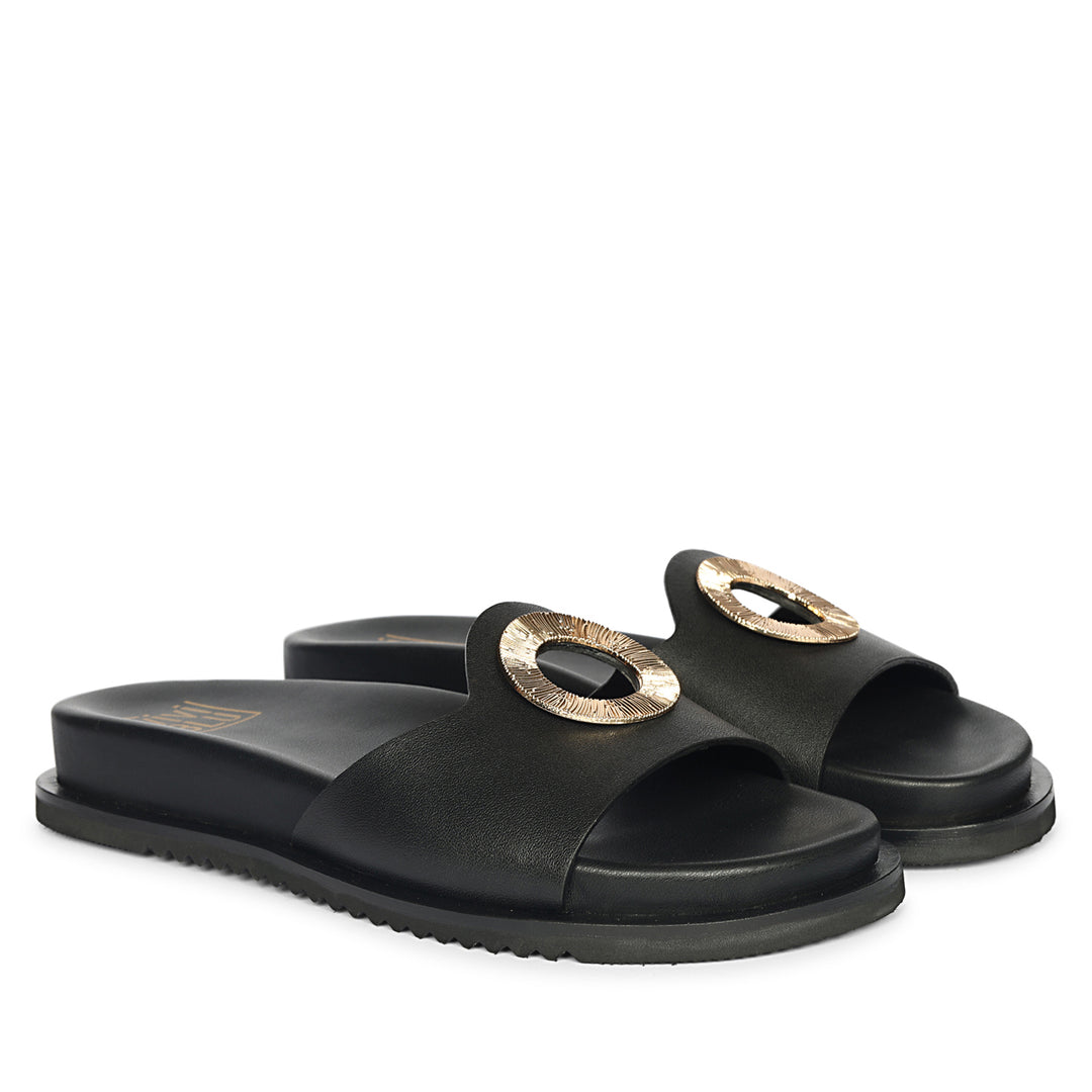 Tilda Black Leather Flat Sandals