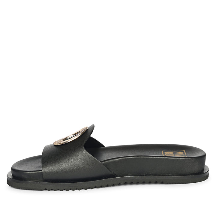 Tilda Black Leather Flat Sandals