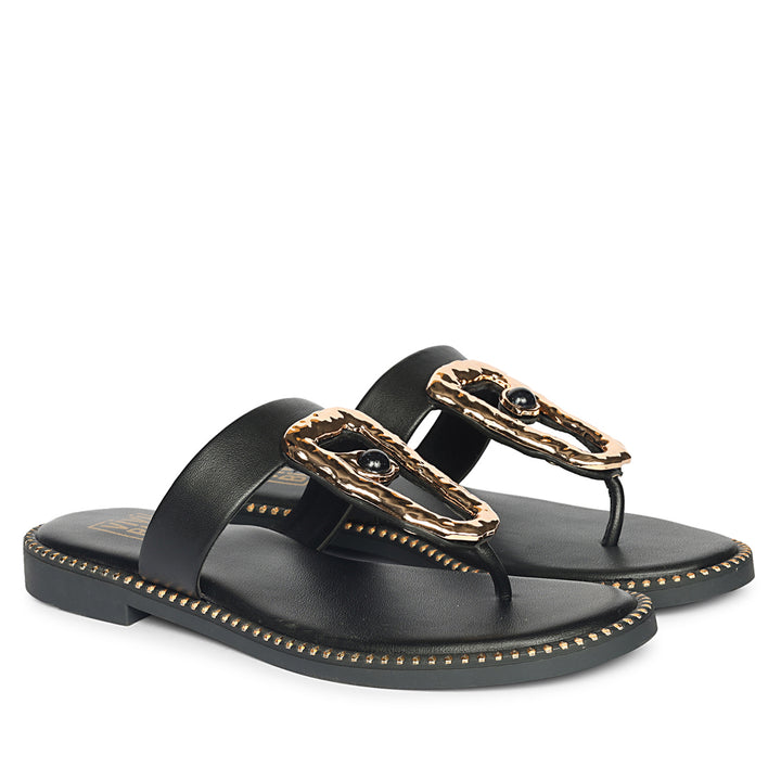 Solana Black Leather Flat Sandals
