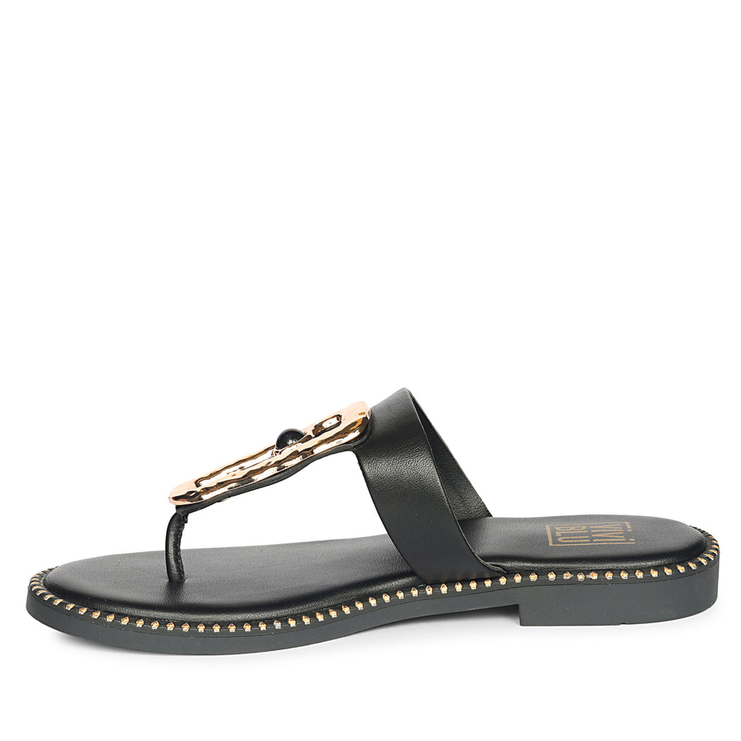 Solana Black Leather Flat Sandals