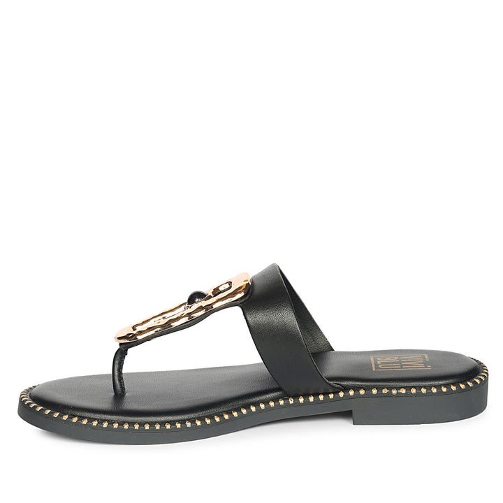 Solana Black Leather Flat Sandals