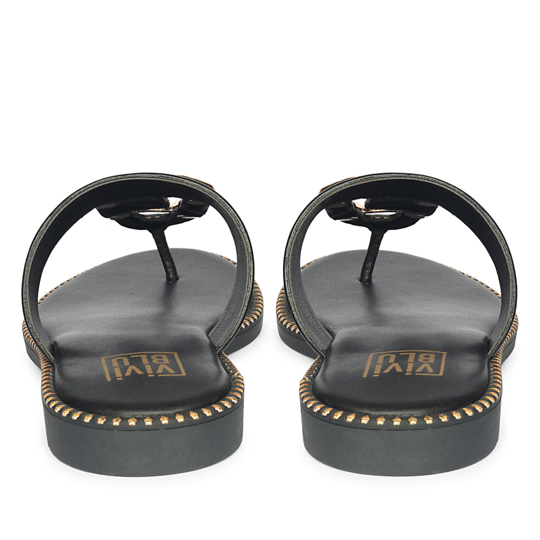 Solana Black Leather Flat Sandals