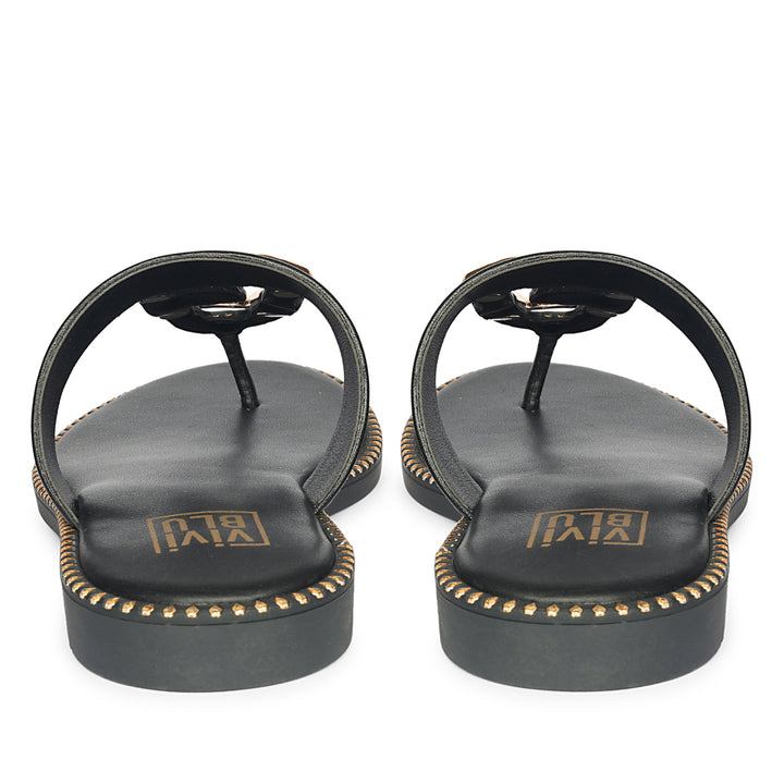Solana Black Leather Flat Sandals