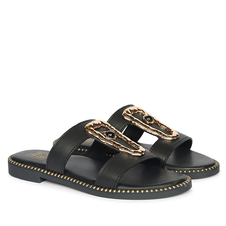 Catalina Black Leather Flat Sandals